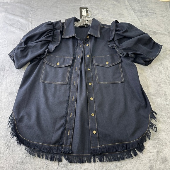 GIGIO USA Tops - NWT GIGIO USA Navy Linen Blend Puff Sleeve Frayed Hem Button Down Shirt Small
